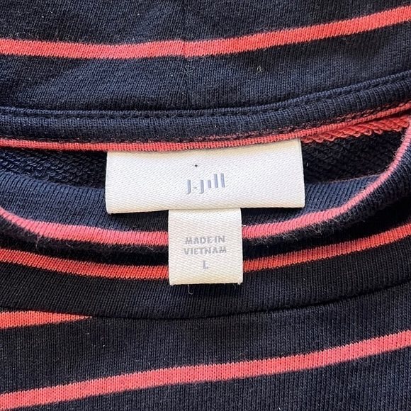 J Jill Mock Neck Striped Knit T Shirt Dress Navy Pink Comfy Dress POCKETS Size L - Picture 3 of 8